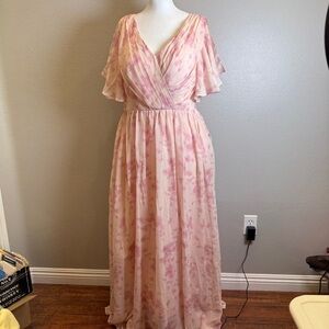 Womens Floral Maxi Dress Size Medium Pink Ruffle Sleeve Wedding Guest Event